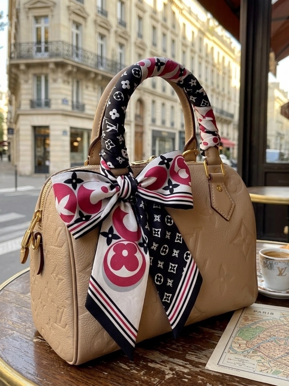 Luxury 100% Silk Bandeau Twilly Scarf - Black, White & Pink Floral Monogram - Picture 7 of 7